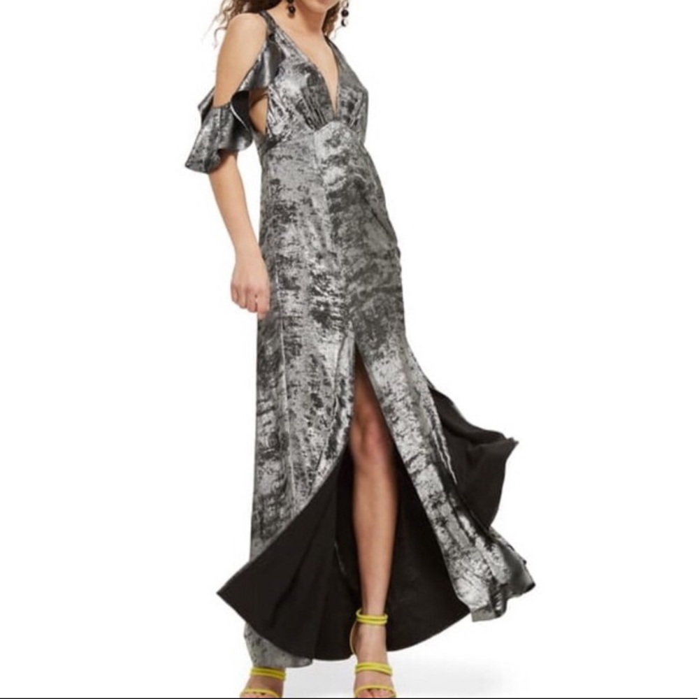 Topshop IDOL metallic foil maxi dress ruffle slits